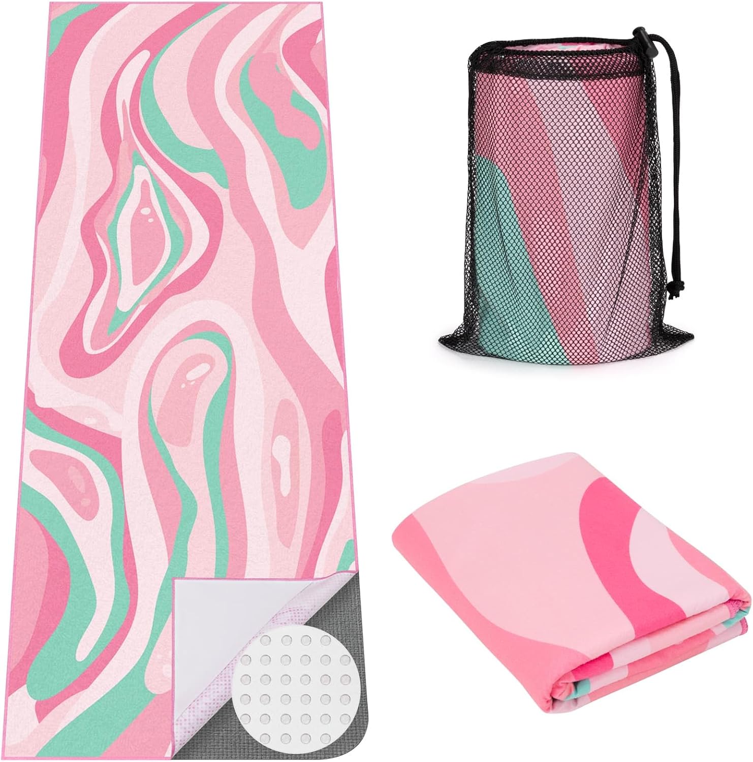 Yoga Mat Towel with Large Corner Pockets, Non Slip Grip Microfiber Mat Cover Mat for Hot Yoga, Pilates and Gym Workout, 178 x 66 cm/70" L x 26" W, Pink