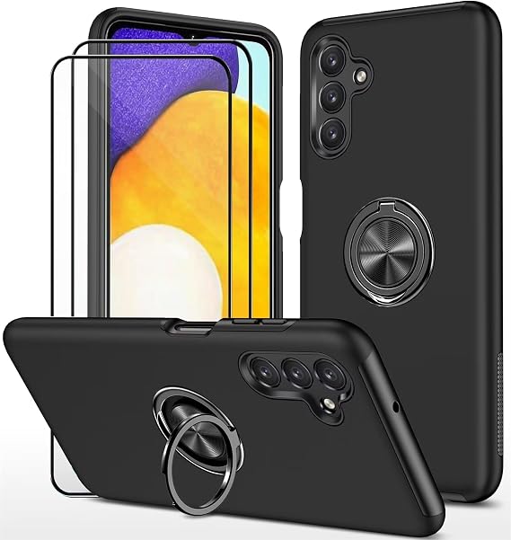 Case for Samsung Galaxy A15 4G/5G (6.5 inches) and 2 Pieces Tempered Glass Screen Protector Mobile Phone Case with Ring Holder Shockproof Scratch-Resistant Durable Protective Case Black