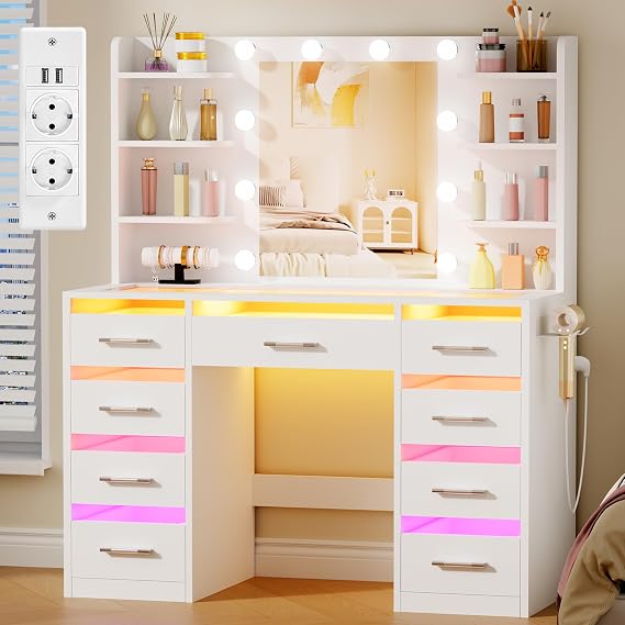 Makeup Vanity with Mirror and RGB Lights and Glass Cover