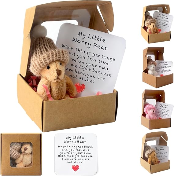 4 Pcs Worry Bear Hug in a Box,A Little Pocket Bear Hug Mini Worry Bears with Inspirational Card Handmade Mini Plush Teddy Bears in Box Bears Doll Positive Gifts for Kids Friends