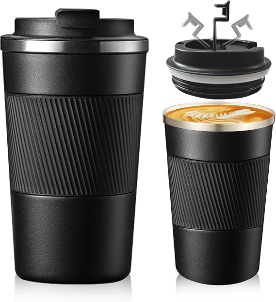 Travel Mug, Insulated Coffee Cup with Leakproof Lid (Black 380ml)