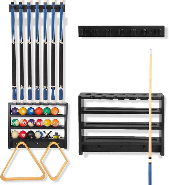 Pool Stick Holder - 7 Pool Cue Rack Wall Mount With Cue Rest and Ball holder, Wooden Pool Table Accessories Equipment Organizer, Billiard Cue Racks for Game Room Men Cave- Black