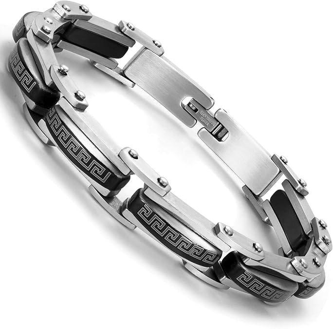 Urban Jewelry 見事なソリッドタングステンリンクブレスレット メンズ ポリッシュリンク、パズル、セラミックスタイルシルバー、ブラック、18Kゴールドメッキオプション, 8.8, ステンレス鋼, 宝石なし
