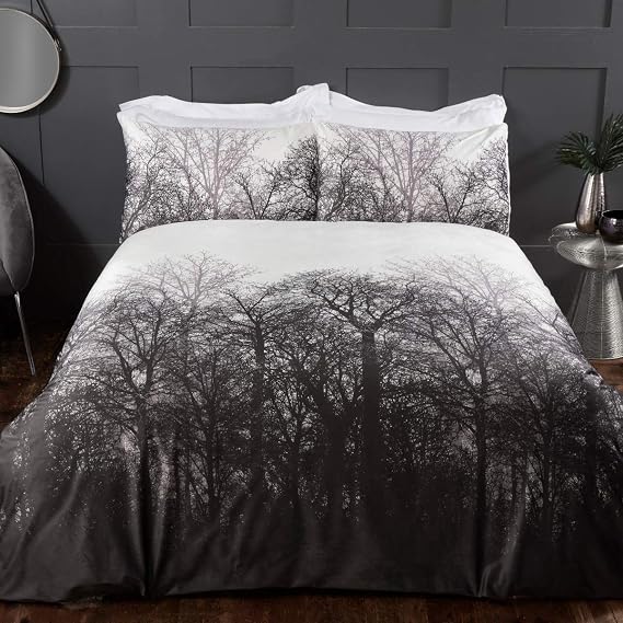 Sleepdown Forest Trees Serene Scene Printed Soft Cosy Velvet White Charcoal Grey Duvet Cover Quilt Bedding Set with Pillowcase - Single (135cm x 200cm)