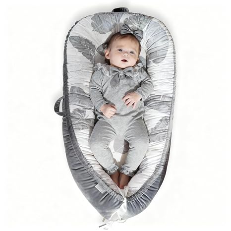 EAQ Baby Nest Cot Bumper Baby Soft Breathable Baby Bed for Newborn Gift 100% Cotton Baby First Equipment Newborn (Leaves Dark Grey) Nap or travel for 0-12 months travel and baby essential gift for newborn