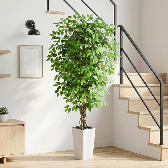 Artificial Ficus Tree 5FT, Fake Plants Indoor with White Pot and Pebbles