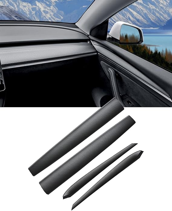 Dashboard Cover Wrap & Inner Front Door Trim Panel Armrest Cover Compatible with Tesla Model 3 2021-2023 Model y 2020-2025 (Matte Carbon Fiber Pattern)