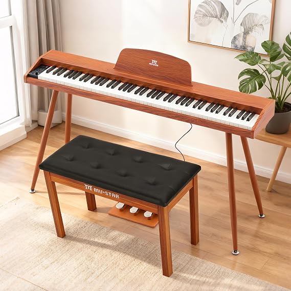 MUSTAR Digital Piano 88 Weighted Keys with Piano Stool, Full-Size 88 Key Piano Keyboard Semi Weighted for Beginners, Electric Piano Keyboard 88 Keys with Bench, Triple Pedal, USB MIDI (Brown)