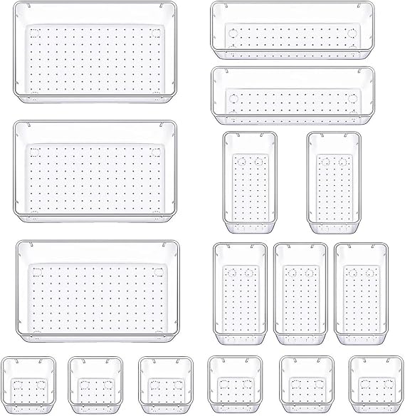 16 Pack Plastic Drawer Organizer Set, 4 Size Desk Drawer Organizer Fridge Trays Containers Organization Food Storage Boxes Snack Organiser Refrigerator Storage Bins for Kitchen Office Bedroom