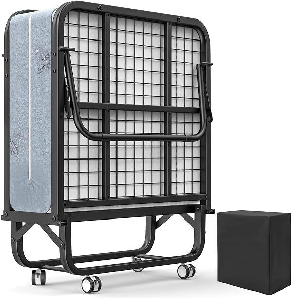 97x190cm Folding Bed with 12cm Memory Foam Mattress, Single Bed on Wheels