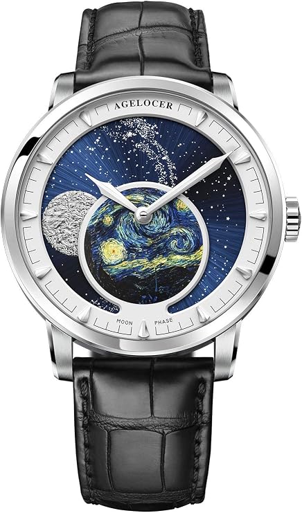 Agelocer Men's Top Brand Blue Moon Phase Dress Automatic Mechanical Stainless Steel Fashion Luxury Watch, VU:6401A1, Mechanical