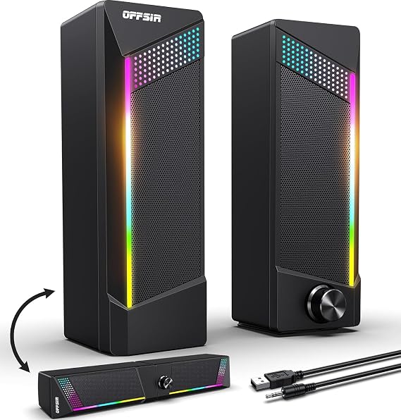 OFFSIR Computer Speakers,2 in 1 PC Speaker,Gaming Speakers for Laptop Desktop Monitor,Touch Sensitive Lighting,10 Watts Peak Power,USB Powered 3.5mm Aux(Package Only Two Speaker,No Soundbar)