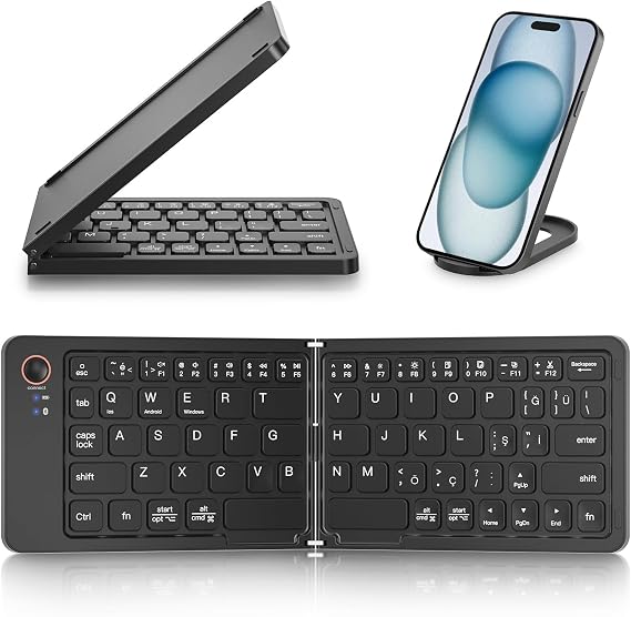 Coverzone Katlanabilir Kablosuz Bluetooth Klavye, 67 Tuş Makas Mekanizmalı, iOS Android Windows Uyumlu, USB-C Şarjlı, 150 mAh Batarya, 10 m Menzil, Çift Katlanır Taşınabilir Tasarım | (B028 Siyah)