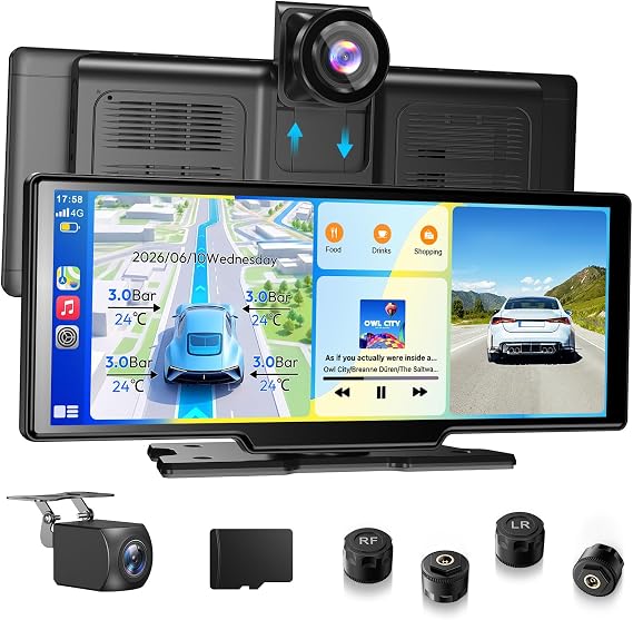ESSGOO 10.26" IPS Wireless CarPlay Screen with TPMS Dual Cam