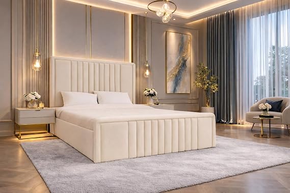 Modern Vertical Panel Bed Frame - Luxury Upholstered Channel Design - Double King Super king - Optional Gas lift Storage & Mattress (Cream Plush, King 5ft Bed Frame)