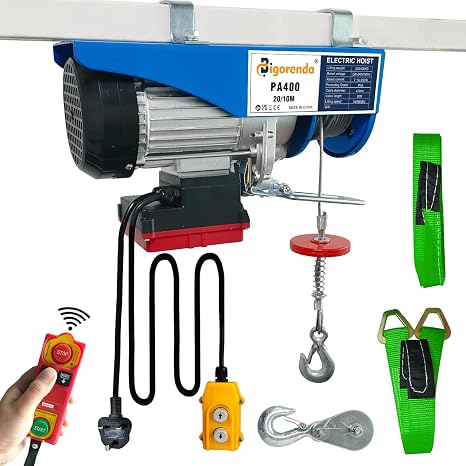 Electric Hoist Lift 400KG Wireless Remote Control/Wired Control 2 in 1, Winches Electric Hoist 20M/10M Lifting Height,Single/Double Sling,Emergency Stop Switch,for Factory Warehouse Garage