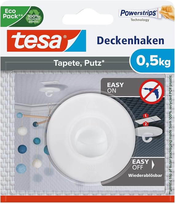 tesa Ceiling Hook for Wallpaper and Plaster - 0.5 kg - 1 Hook