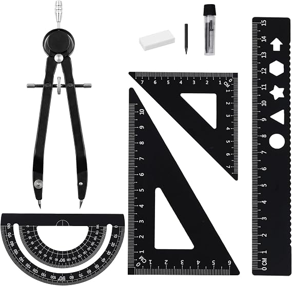 6 Pcs Metal Protractor and Compass Set, Aluminum Alloy Geometry Set, Ruler Set with Protractor, Compass with Eraser and Lead Refills for School Students, Teachers, Architects & Engineers