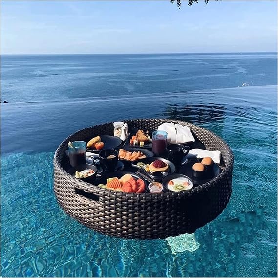 Luxury Floating Serving Tray Pool Tray Table, Black Floating Serving Tray Table and Bar, 60X15Cm Rattan Floating Tray for Pool Serving Drink, Waterproof Floating Breakfast Tray