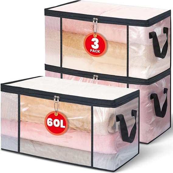 3 Pieces Transparent Clothes Organizer 60L - Foldable Boxes for Closet or Under the Bed - Storage Bag Blankets and Toys