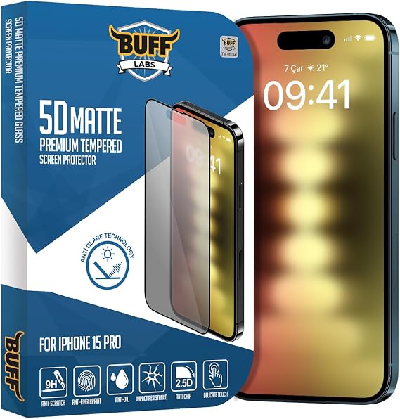 Buff, iPhone 15 Pro ile Uyumlu 5D Mat Ekran Koruyucu, BF2290