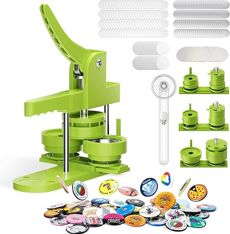 Badge Maker Button Machine 25+32+58 mm Pin Maker Machine 300 Plastic Badge Sets DIY Badge Press Machine with Molds & Round Paper Cutter (Green)