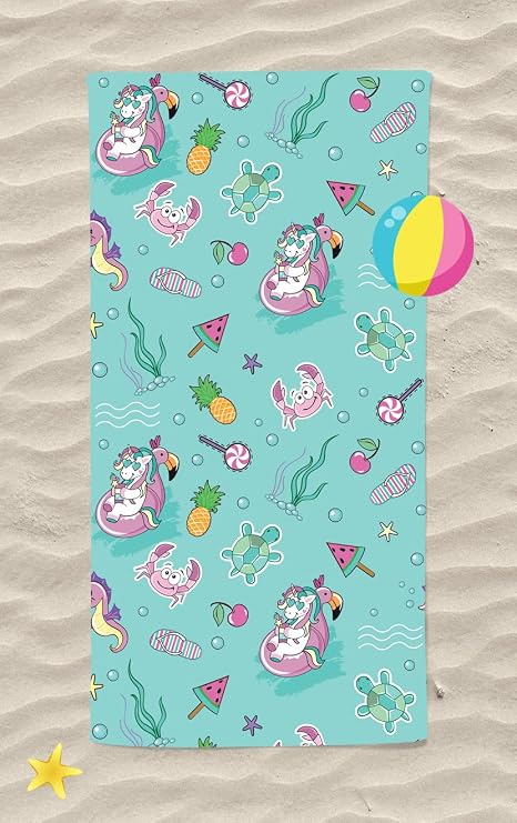 Sevimli Hayvanlar Denizde Unicorn Çocuk Desenli Baskılı Plaj Havlusu Unisex Çocuk Plaj Havlusu