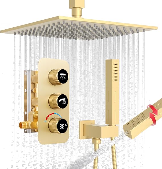 Rainfall Shower System, 10 Inch Rain Shower Head with 2 in 1 Handheld, Ceiling Mounted Shower Faucet Set, Brushed Gold