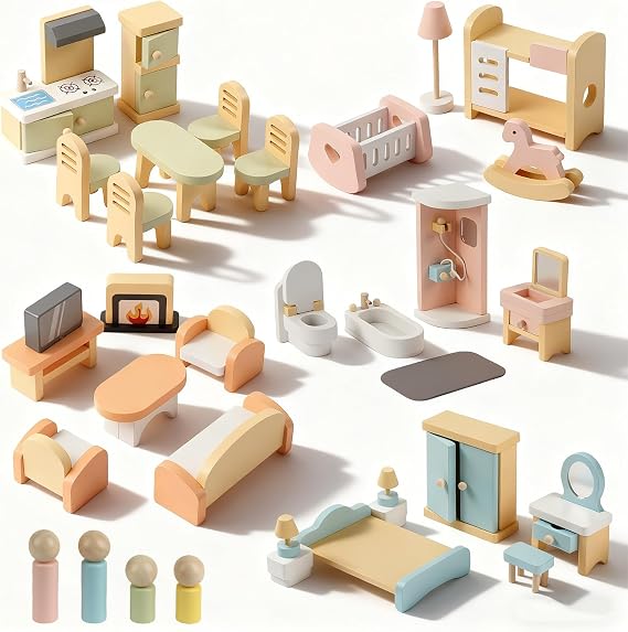 35PCS Wooden Dollhouse Furniture Set with Dolls for 5 Rooms Kits, Doll House Accessories Furniture Toys for Toddlers, Pretend Play Toys Christmas Birthday Gift for Girls and Boys, Toddler 3+