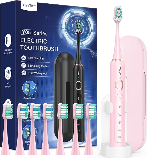 Electric Toothbrush for Kids and Women - Sonic Electric Toothbrushes with 8 Toothbrush Heads (3 Types), 90 Days Use, 5 Brushing Modes, Travel Case, 2 Minute Brushing Timer