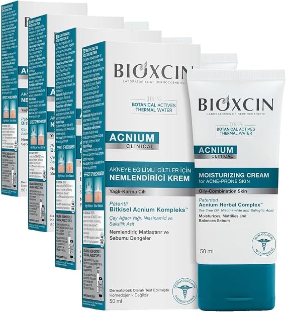 Bioxcin Acnium Sebum Dengeleyici Nemlendirici Krem 50 ml – Yağlı ve Akneye Eğilimli Ciltler İçin Hafif Nemlendirici (4 paketi)