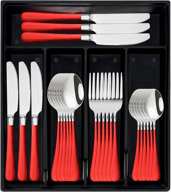 24-Piece Flatware Set with Organizer,Heavy Duty Stainless Steel Silverware for 6,Pink Cutlery Utensil Sets with Antiskid Handle，Rust-Proof Stainless Steel Cutlery, Mirror Polished (Red Silver)