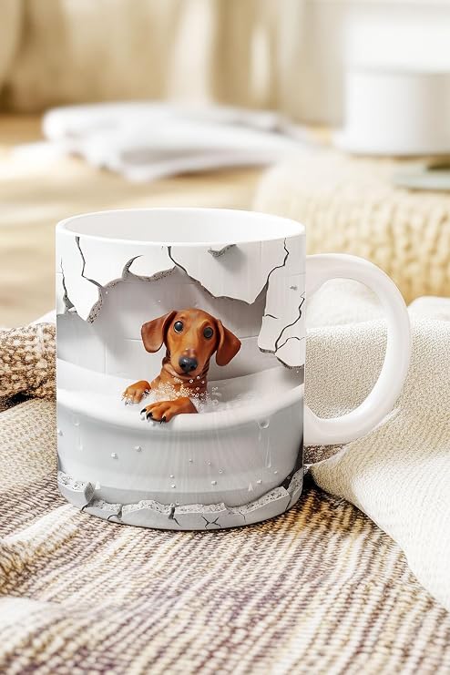 Sevimli Hayvanlar Dachshund Köpek 3D Tasarım Görünümlü Baskılı Kupa Bardak Mug, QBM2446