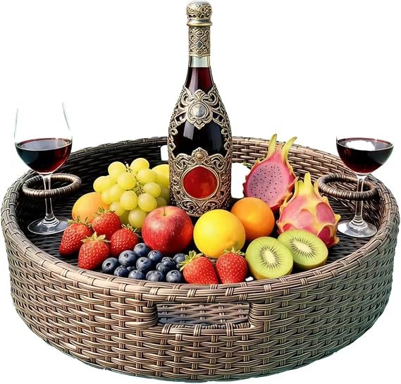 Round Floating Tray for Pool with Drink Holder Extra Large Serving Tray with Handles for Ottaman 24 Inch Waterproof Outdoor Floating Card Game Table, Brown
