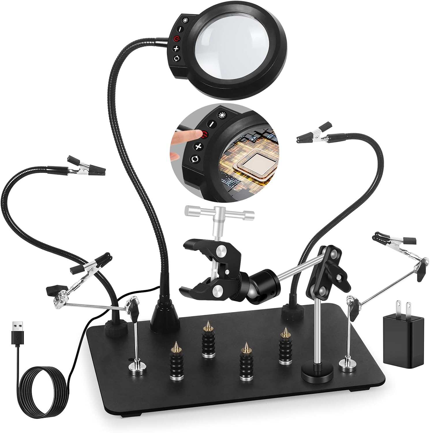 NOEVSBIG Helping Hands Soldering Station with Upgraded 5X Magnifying Lamp, 360° Soldering Clamp, 4 PCB Holders, Extra-Large Base & 4 Sturdy Flexible Arms, Hands-Free Tool for Soldering, Jewelry Crafts