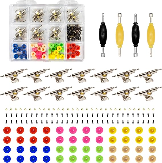 SIXPOINTS DIY Fingerboard Making Kit Case -14Pcs 31mm Trucks,48Pcs Multi Colour Wheel, 60Pcs Screws,30Pcs Nuts,4Pcs Spanner Tool,Compatible with Most Finger Board Repair Replace Tool