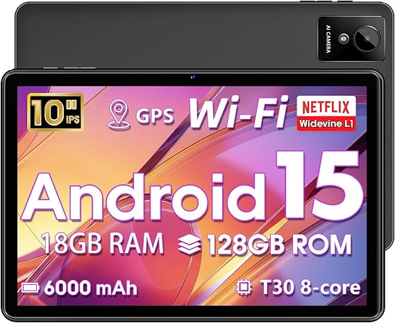 Tablet 10 inch Android 15, 18GB RAM 128 ROM, 6000mAh