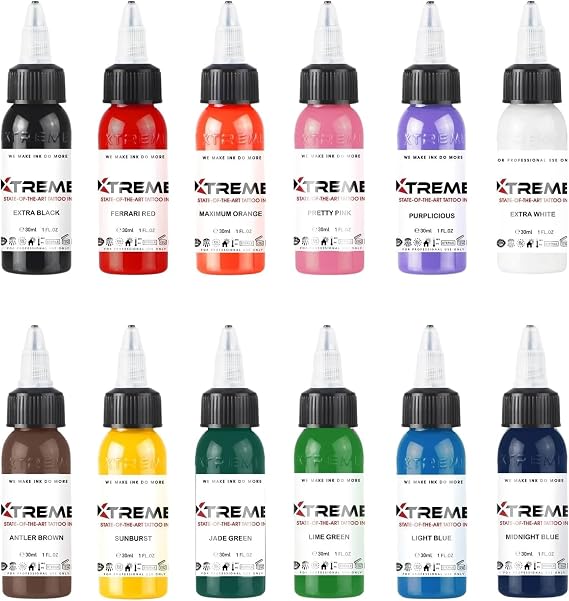 Xtreme Inks プライマリータトゥーインクセット、タトゥー用12色詰め合わせ1オンス。