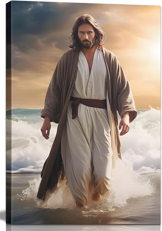 RVRBKTS Framed Jesus Wall Art Jesus Decor Walking In The Water Canvas Christian Religious Canvas Wall Decoration Bible Picture Poster Printing Living Room Painting Bedroom Church Ready To Hang