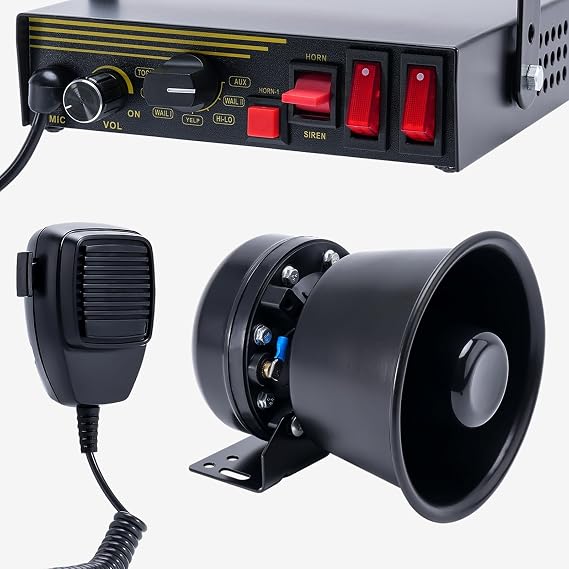 200W 12V 9 Tone Emergency Police Siren System, Black Steel Speaker Horn, Handheld Microphone, for Emergency Vehicles Truck Firefighters Ambulance