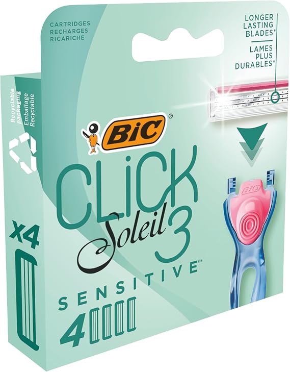BIC Soleil Click Sensitive 4'lü Yedek Kadın Tıraş Bıçağı (3 Bıçak), Oynar Başlıklı, Aloe Vera ile Zenginleştirilmiş Kayganlaştırıcı Jel Şerit