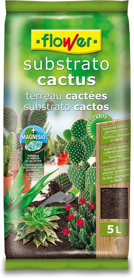 Flower - Substrate for Cactus and Succulent 5 L | Drainage and Aeration | with Aggregates and Volcanic Stone | with Fertilizer and Magnesium | Favors Root Oxygenation