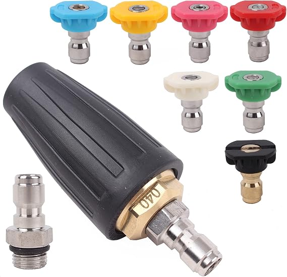 xiangxu 4000PSI Basınçlı Yıkama Turbo Nozul Aleti 1/4'' Hızlı 360° Dönen Sprey Turbo Nozul Kiti 7 Sprey Nozul Ucu Kiti ile Çoklu Derece Bağlantı (0/15/25/40/65 Derece, Sabun, Durulama)