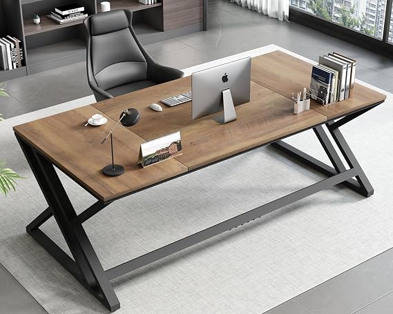 HSH Rustic Long Computer Desk, Industrial Large Wood Metal Office Table, Writing Work Study Station, Farmhouse Workstation Gaming Executive for 2 Person, Rustic Oak, 180cm