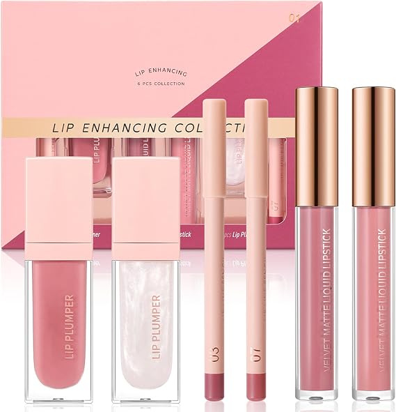 6 Pcs Lip Combo Set - Matte Liquid Lipstick, Lip Liner and Lip Gloss Kit, Lipstick and Lip Liner Pencil for Women & Girls, Long-Lasting and Smudge-Proof, Makeup Lipsticks Gift Set for Fuller Lips (01)