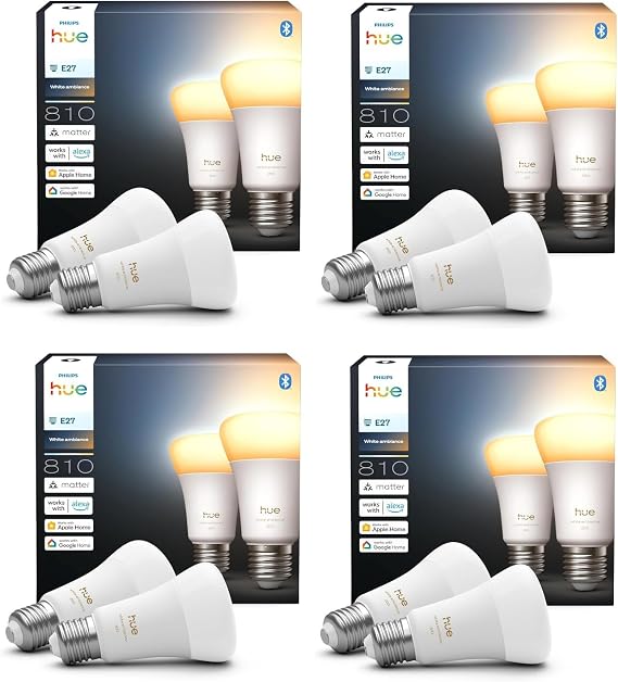 Philips Hue Bundle – 4X Twin Packs White Ambiance 810 A60 E27 Smart Bulbs (8 Bulbs) | Dimmable LED, Warm to Cool Light, App & Voice Control, Works with Alexa, Google Home & Apple HomeKit
