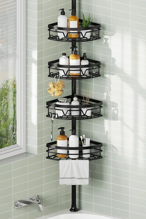 KEGII Telescopic Shower Caddy Corner - Black Shower Shelf with Towel Bar