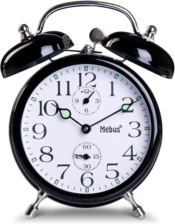 Mebus Mechanical Wind Up Alarm Clock with Classic Bell Ringing Mechanism Luminous Hands - No More Retro Couldn't Be/Colour: Black
