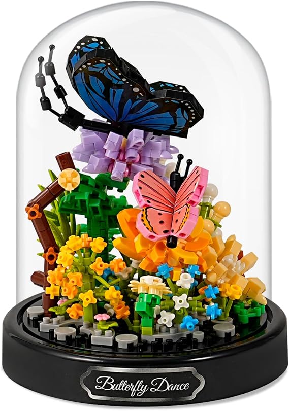 Mini Animals Flower Building Set - 530 Pcs Butterfly Kit Building Blocks with Transparent Cover, Flower Garden Block Den Kit, Home Decoration (Blue Butterfly)