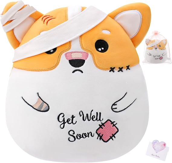 Get Well Soon 犬用ぬいぐるみ - 犬のぬいぐるみ コーギー ぬいぐるみ 怪我包帯付き 子供用枕クッション 患者 女の子 男の子へのギフト、9インチ